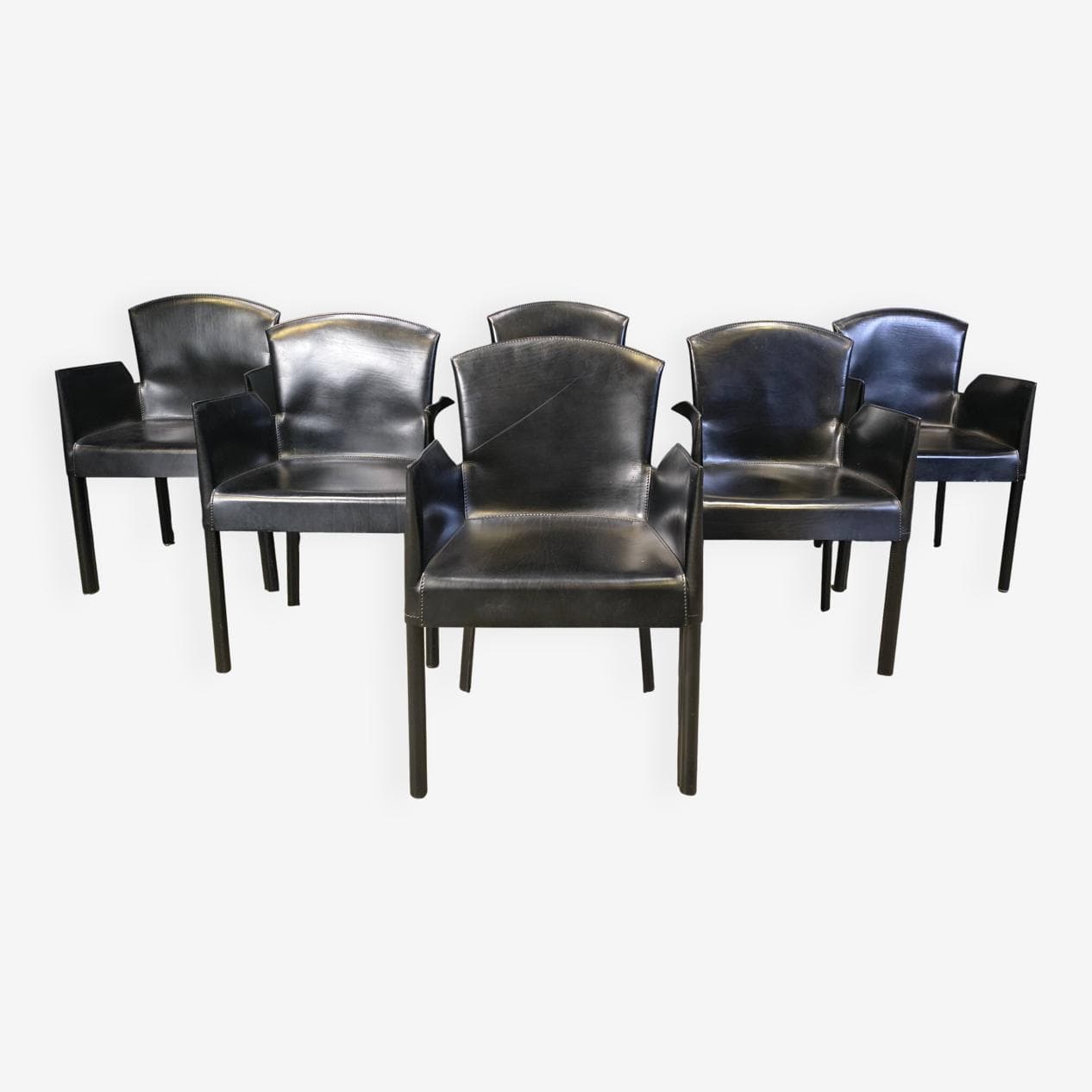 Set of six dining armchairs, black leather, Italy, 1980s. - 330140