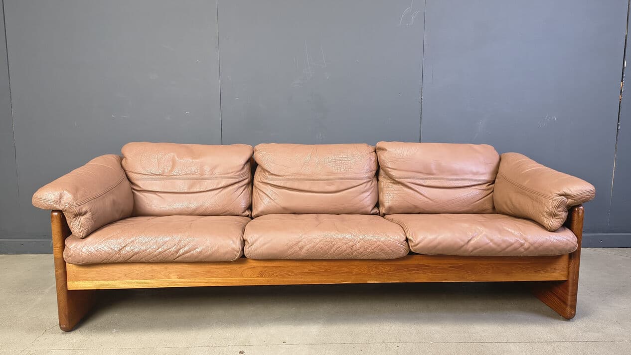 Sofa trzyosobowa, skóra brązowa, teak, proj. M. Laursen, Dania, lata 70. - 330131