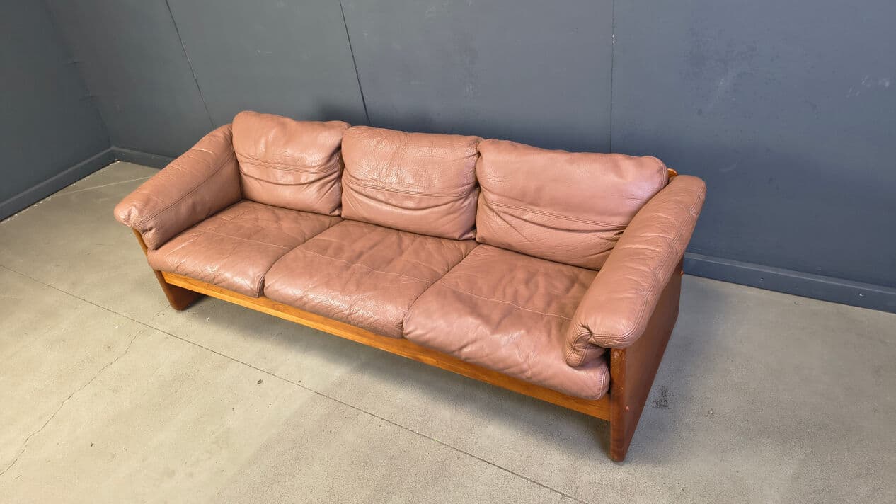 Sofa trzyosobowa, skóra brązowa, teak, proj. M. Laursen, Dania, lata 70. - 330132