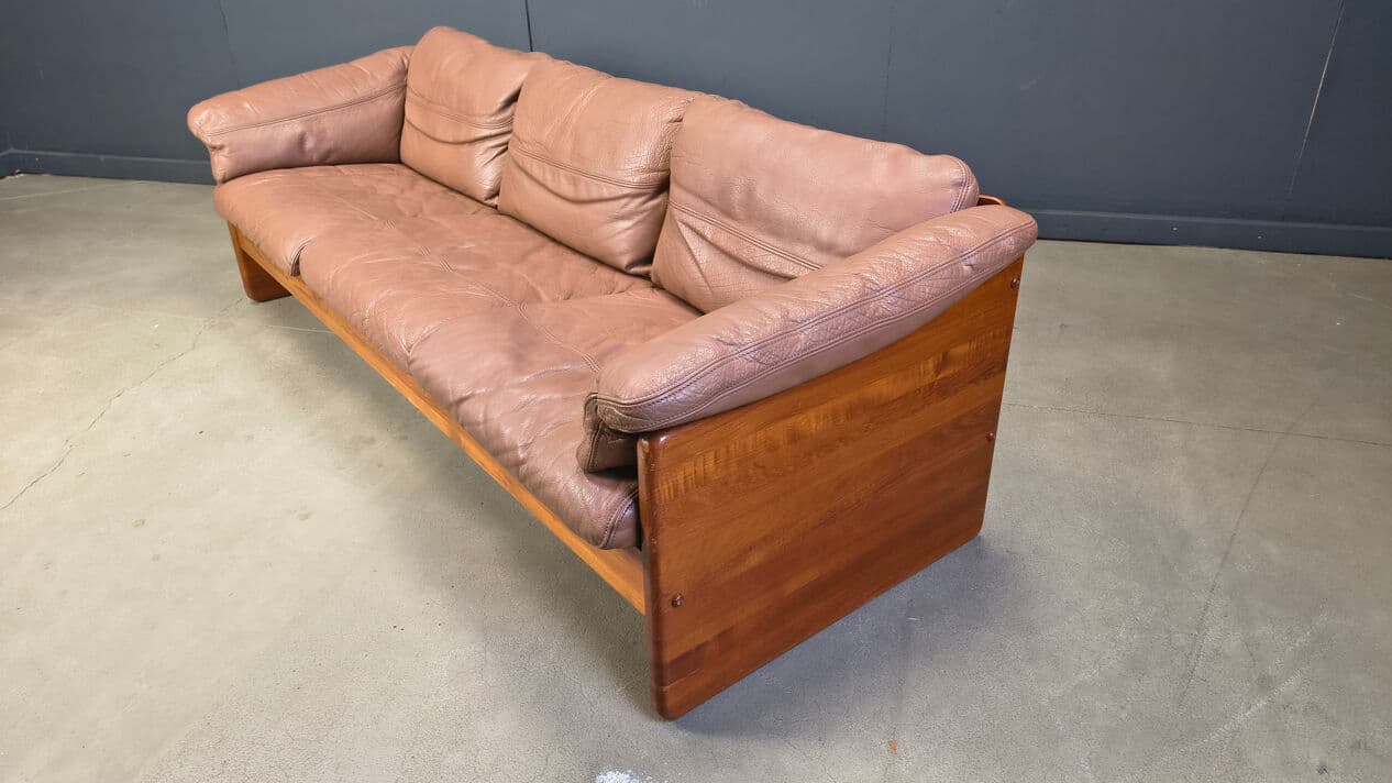 Sofa trzyosobowa, skóra brązowa, teak, proj. M. Laursen, Dania, lata 70. - 330135