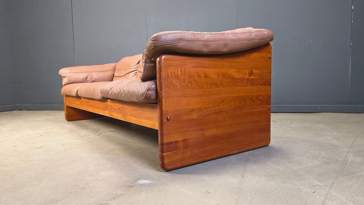 Sofa trzyosobowa, skóra brązowa, teak, proj. M. Laursen, Dania, lata 70. - 330134