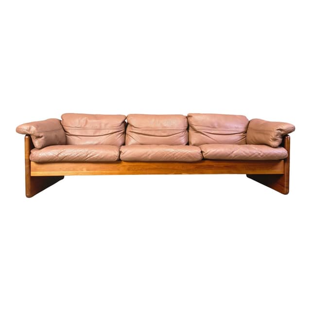 Sofa trzyosobowa, skóra brązowa, teak, proj. M. Laursen, Dania, lata 70. - WYMIARY