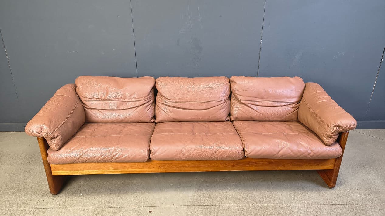 Sofa trzyosobowa, skóra brązowa, teak, proj. M. Laursen, Dania, lata 70. - 330126