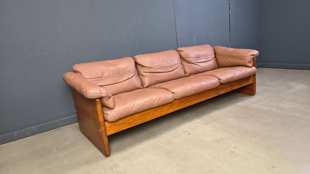 Sofa trzyosobowa, skóra brązowa, teak, proj. M. Laursen, Dania, lata 70. - 330129