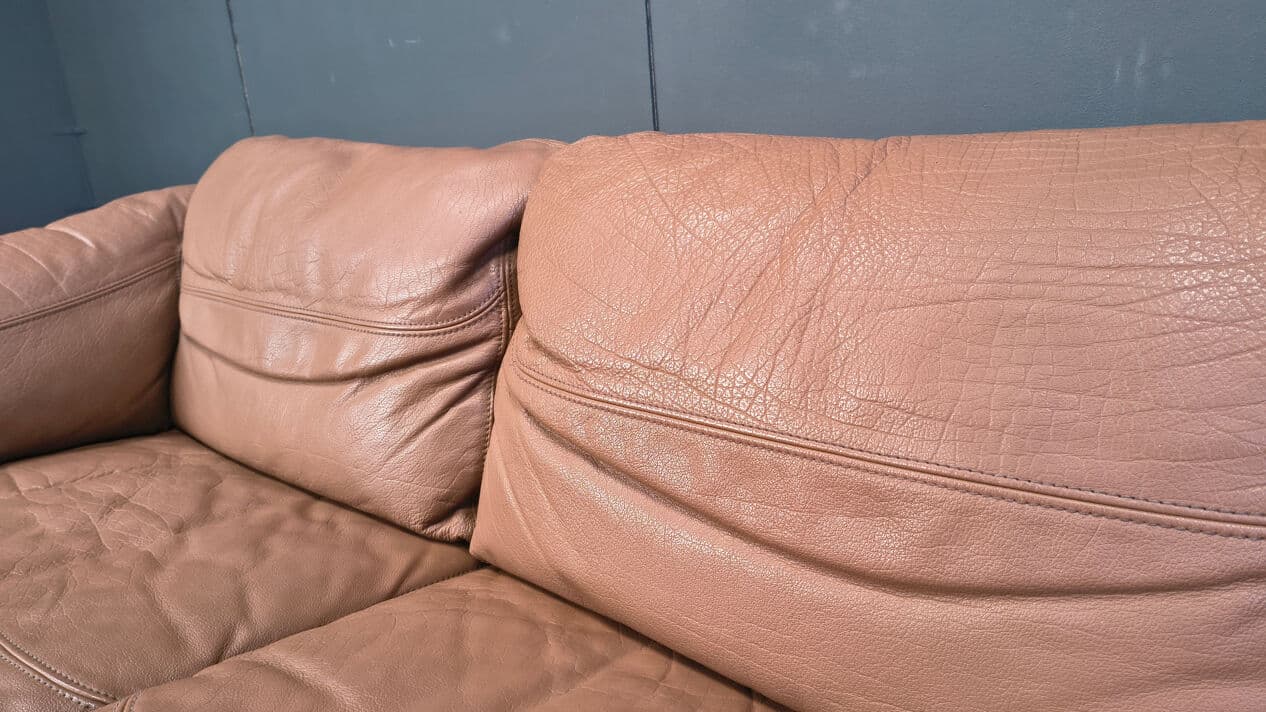 Sofa trzyosobowa, skóra brązowa, teak, proj. M. Laursen, Dania, lata 70. - 330133