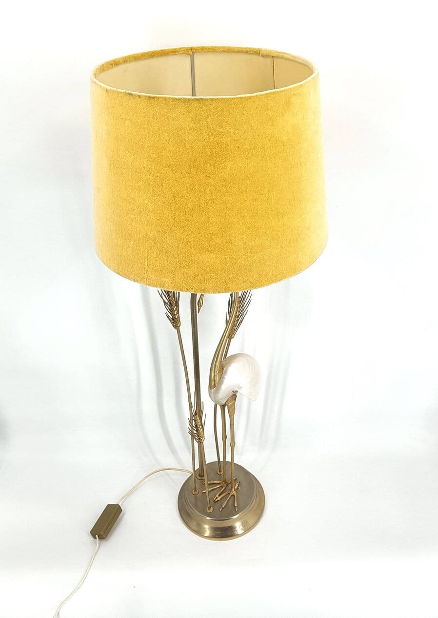 Lampa stołowa Hollywood Regency, welur żółty, mosiądz złoty, proj. A. Pavia, Włochy, lata 70. - 330100