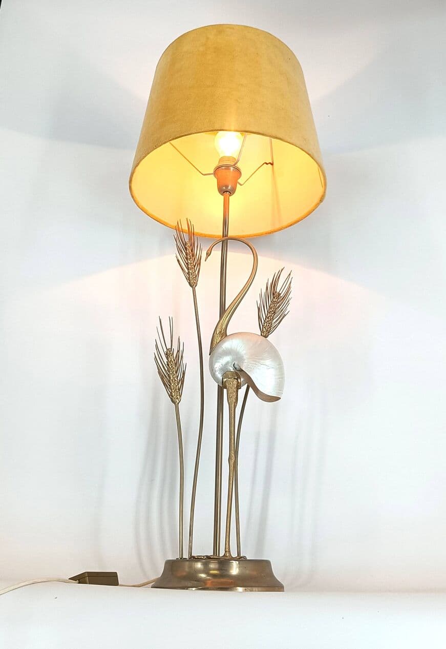 Lampa stołowa Hollywood Regency, welur żółty, mosiądz złoty, proj. A. Pavia, Włochy, lata 70. - 330096