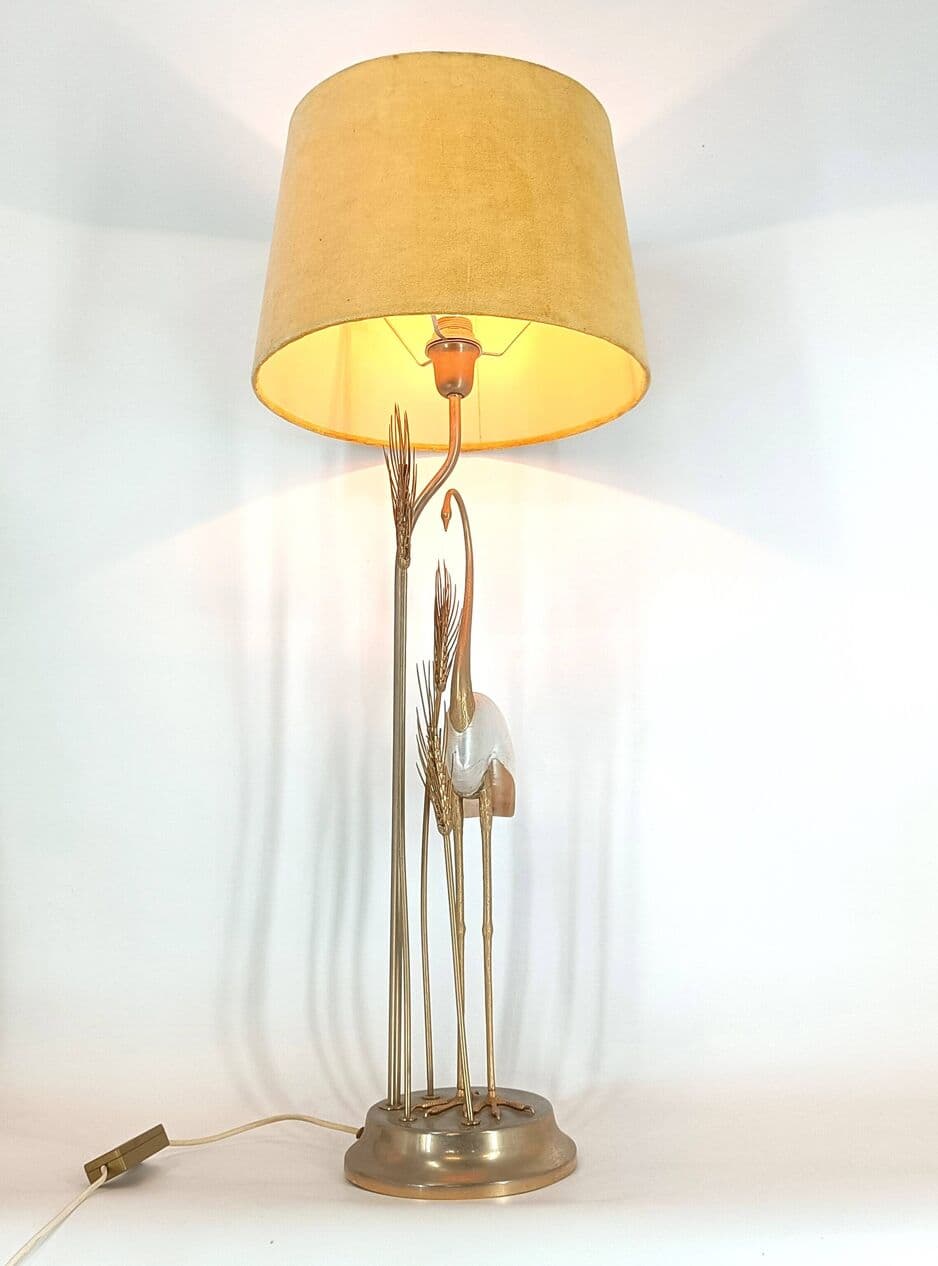 Lampa stołowa Hollywood Regency, welur żółty, mosiądz złoty, proj. A. Pavia, Włochy, lata 70. - 330097