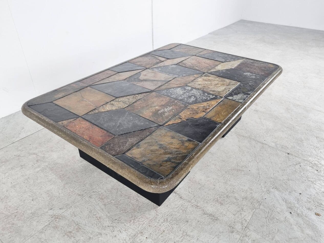 Coffee Table Brutalist, brown stone, black wood, Germany, 1970s. - 330044
