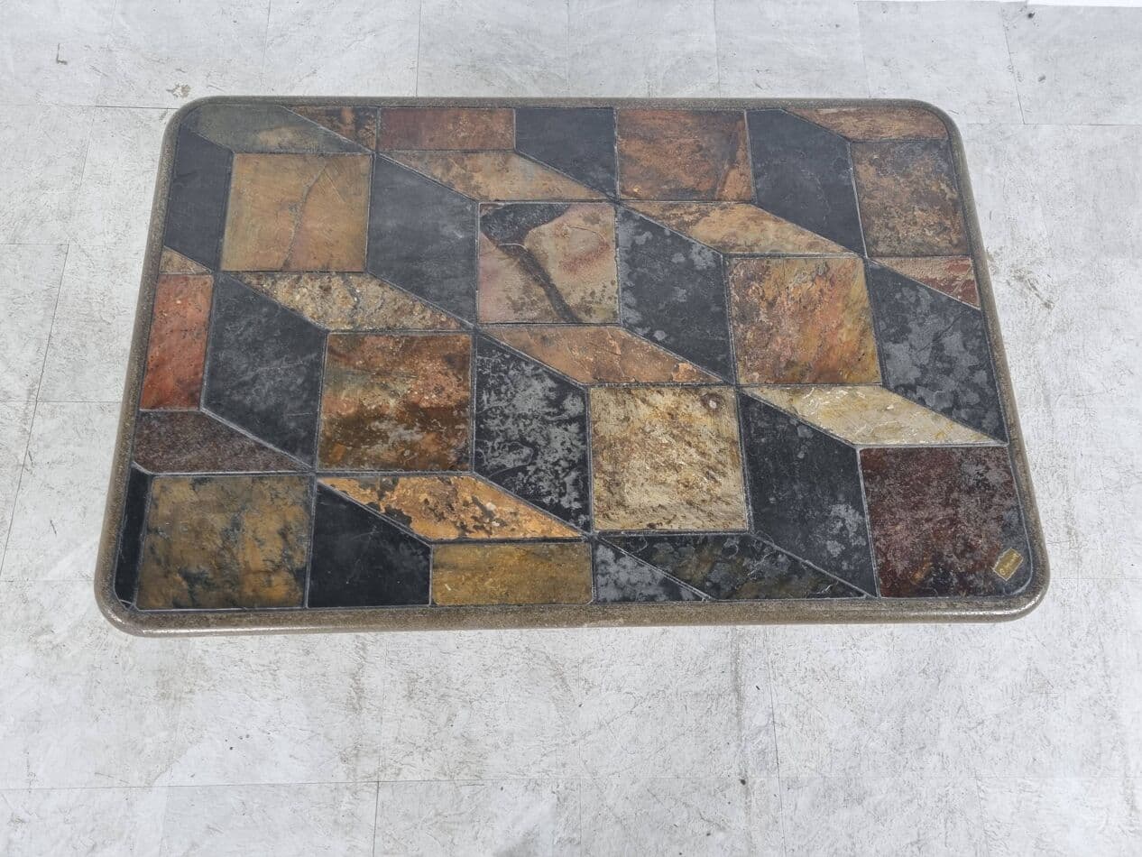 Coffee Table Brutalist, brown stone, black wood, Germany, 1970s. - 330040
