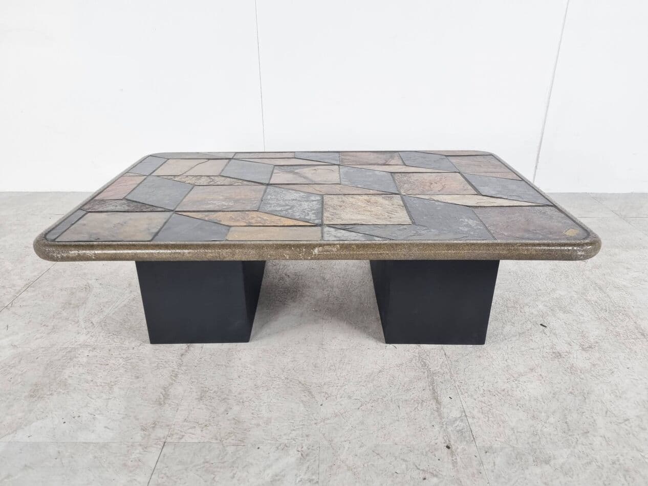 Coffee Table Brutalist, brown stone, black wood, Germany, 1970s. - 330038