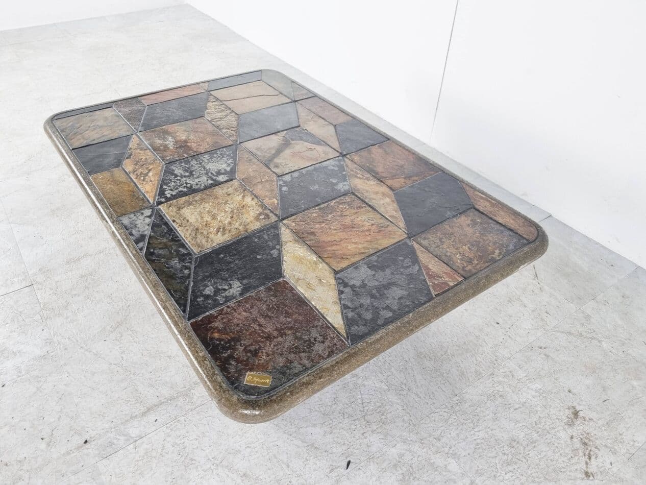 Coffee Table Brutalist, brown stone, black wood, Germany, 1970s. - 330045