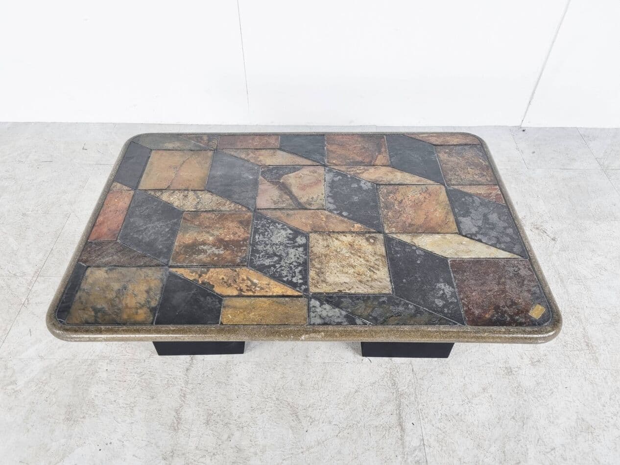 Coffee Table Brutalist, brown stone, black wood, Germany, 1970s. - 330037