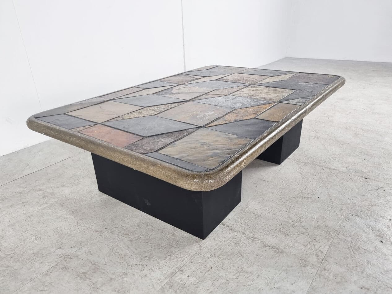 Coffee Table Brutalist, brown stone, black wood, Germany, 1970s. - 330042