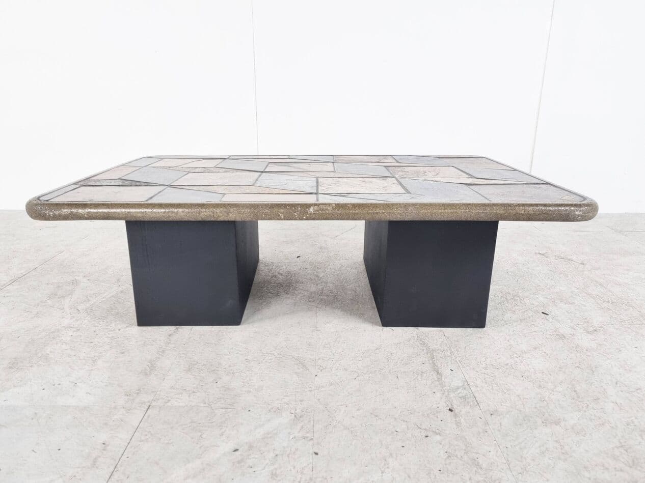 Coffee Table Brutalist, brown stone, black wood, Germany, 1970s. - 330047