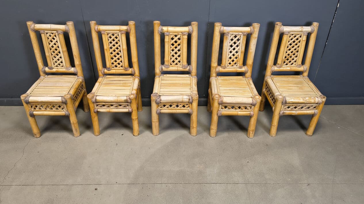 Set of five chairs, brown bamboo, gold rattan, Belgium, 1970s. - 330013