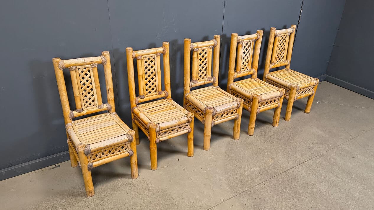 Set of five chairs, brown bamboo, gold rattan, Belgium, 1970s. - 330017