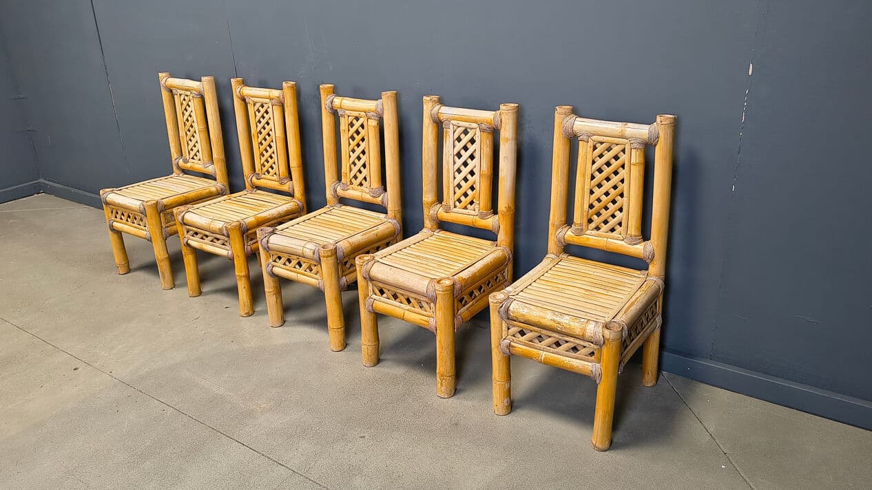 Set of five chairs, brown bamboo, gold rattan, Belgium, 1970s. - 330018