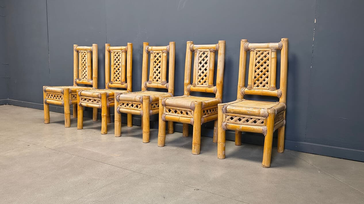 Set of five chairs, brown bamboo, gold rattan, Belgium, 1970s. - 330020