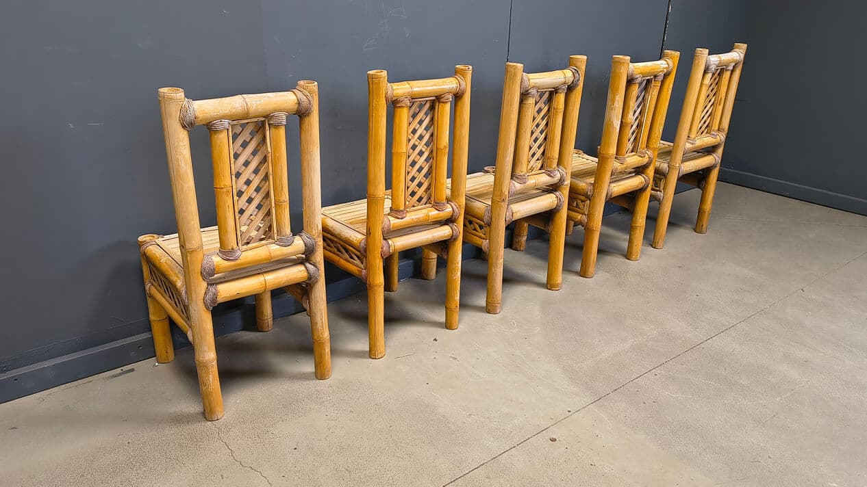 Set of five chairs, brown bamboo, gold rattan, Belgium, 1970s. - 330023