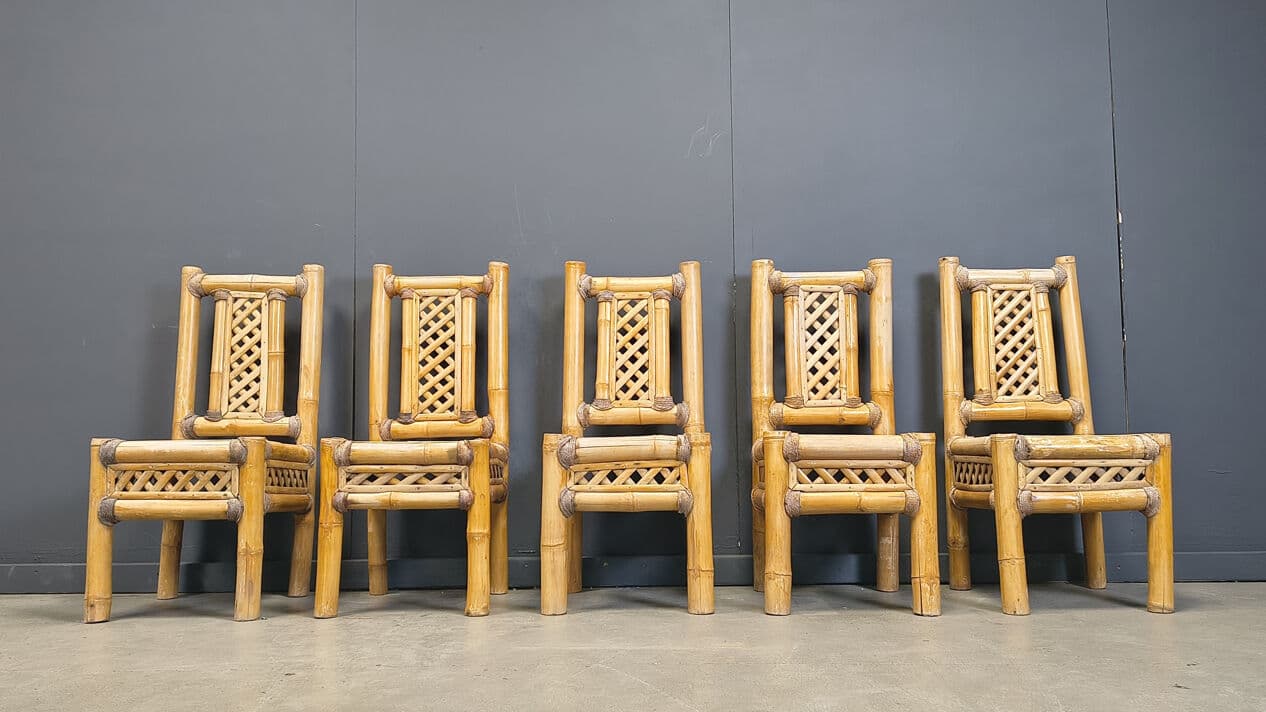 Set of five chairs, brown bamboo, gold rattan, Belgium, 1970s. - 330019