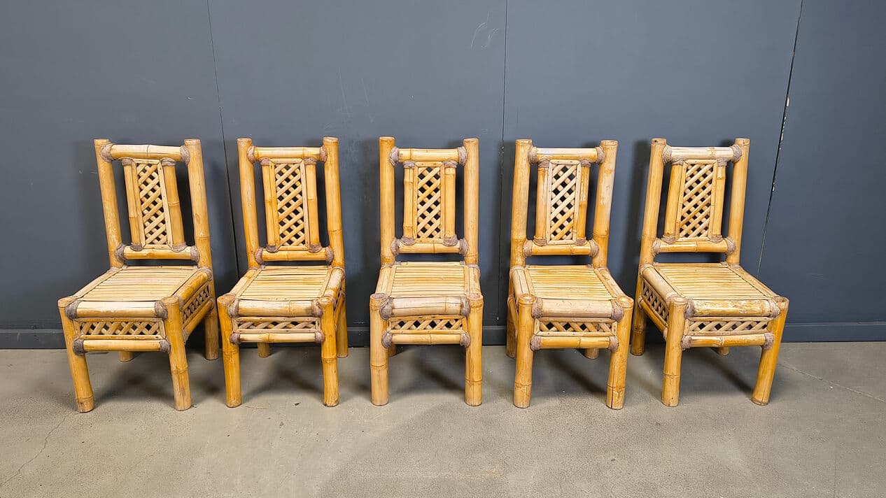 Set of five chairs, brown bamboo, gold rattan, Belgium, 1970s. - 330016