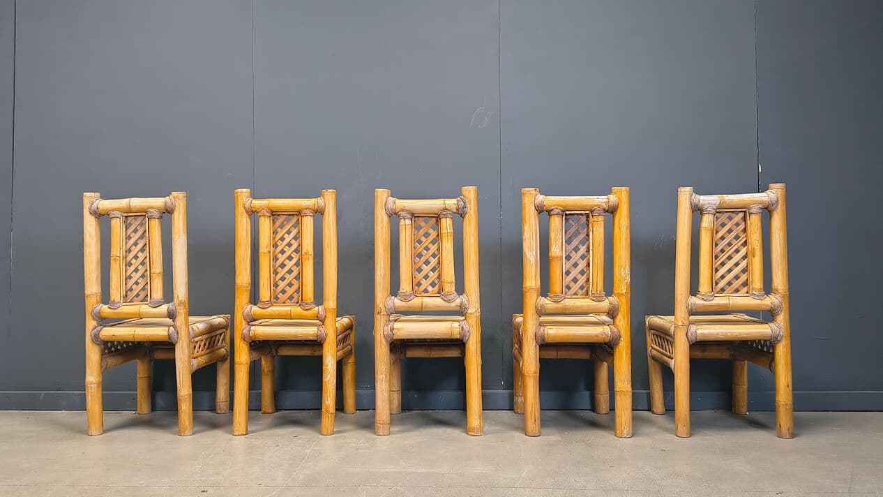 Set of five chairs, brown bamboo, gold rattan, Belgium, 1970s. - 330022