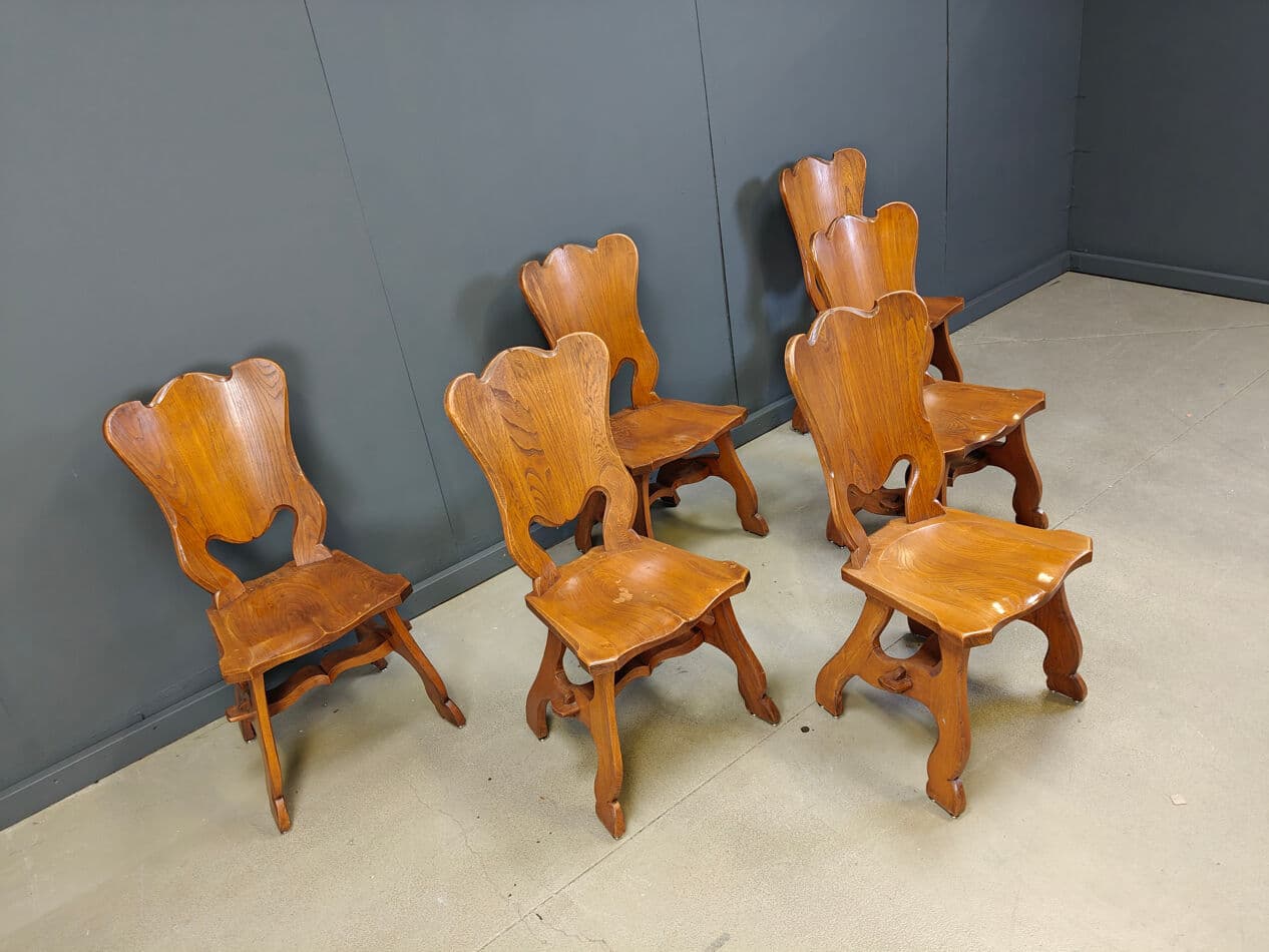 Set of six dining chairs, Brutalist, brown oak, Netherlands, 1960s. - 329993