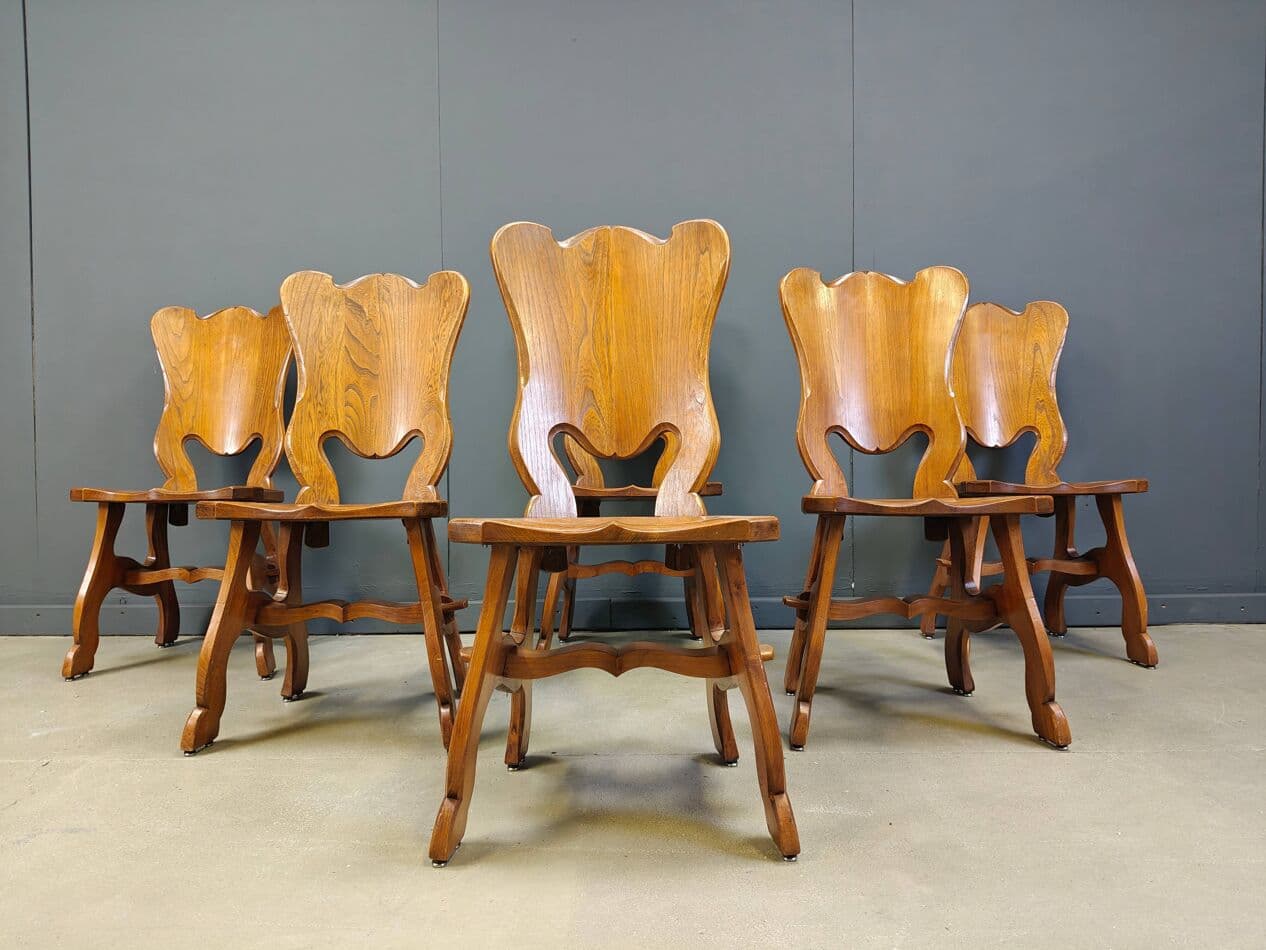 Set of six dining chairs, Brutalist, brown oak, Netherlands, 1960s. - 329992