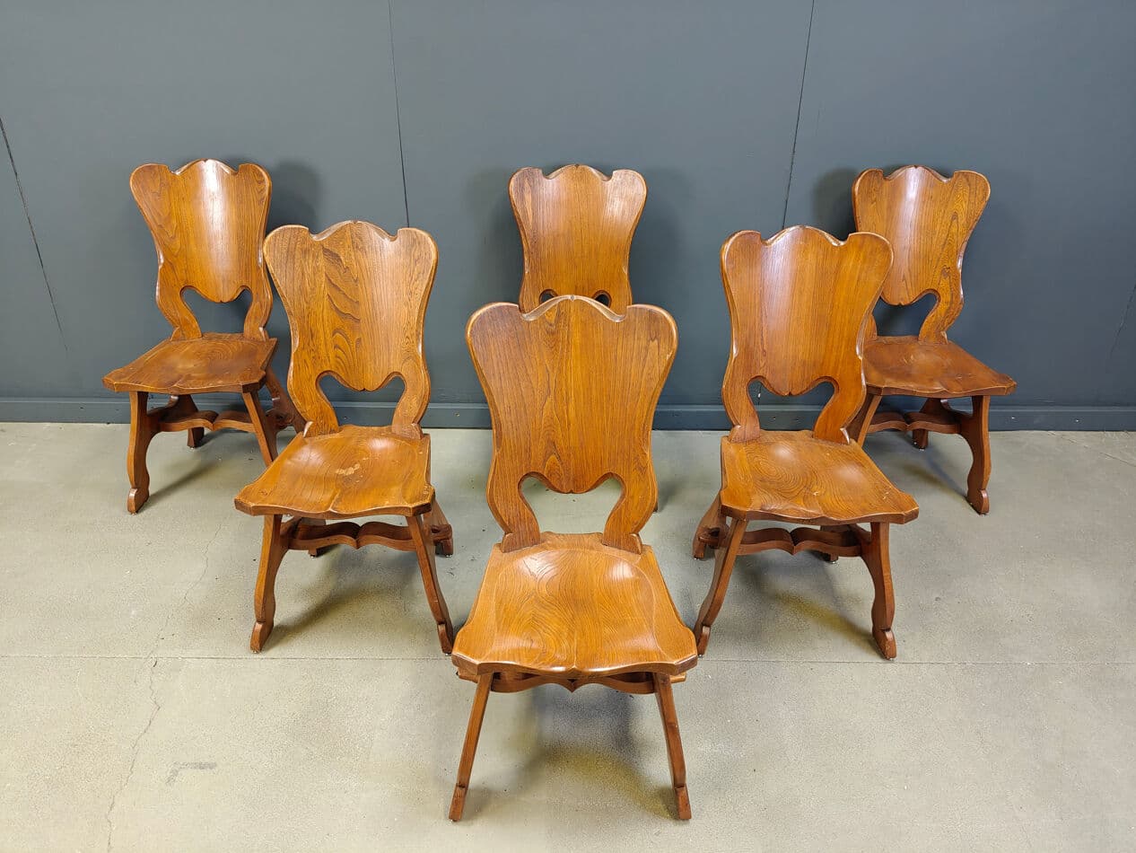 Set of six dining chairs, Brutalist, brown oak, Netherlands, 1960s. - 329990