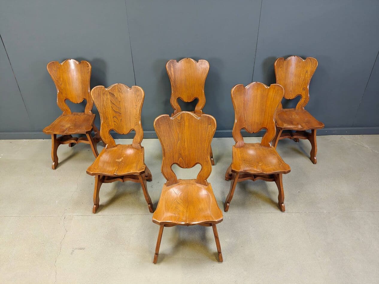 Set of six dining chairs, Brutalist, brown oak, Netherlands, 1960s. - 329996