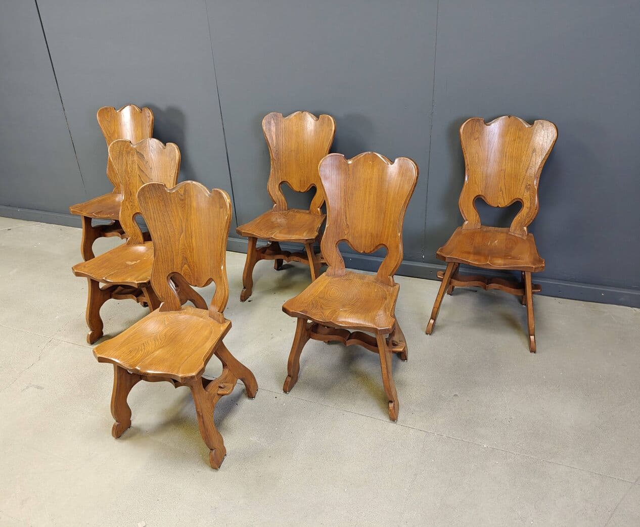 Set of six dining chairs, Brutalist, brown oak, Netherlands, 1960s. - 329995
