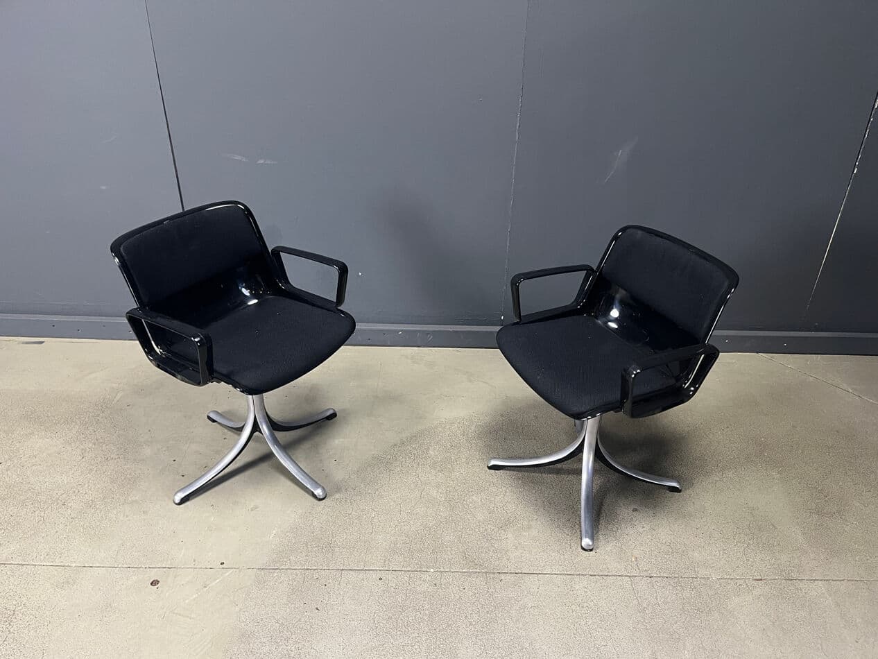 Set of two desk chairs Modus, black plastic, black fabric, silver aluminum, by O. Borsani, Italy, 1970s. - 329981
