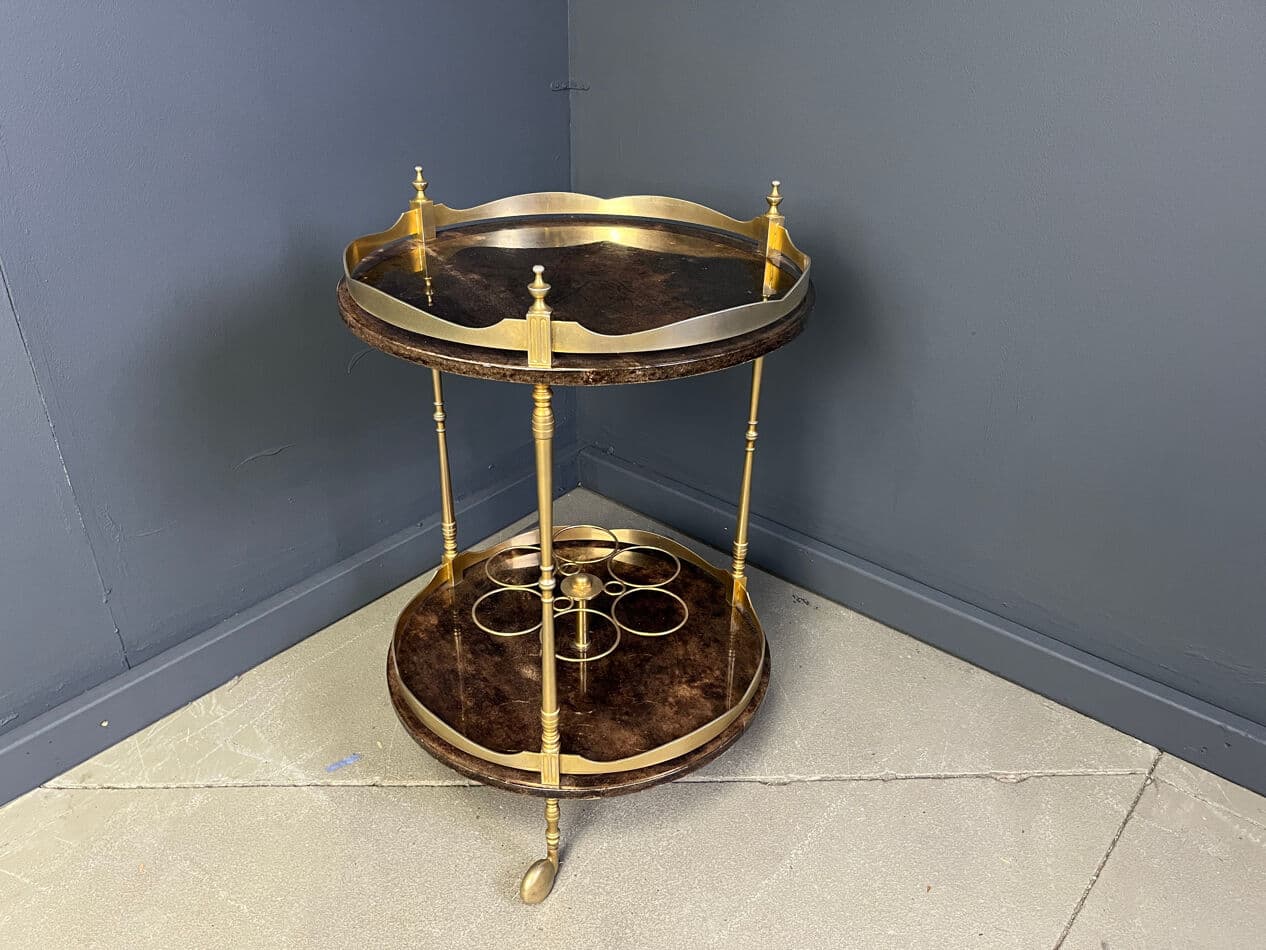 Bar cart, brown lacquered goatskin, gold brass, by A. Tura, Italy, 1960s. - 329945
