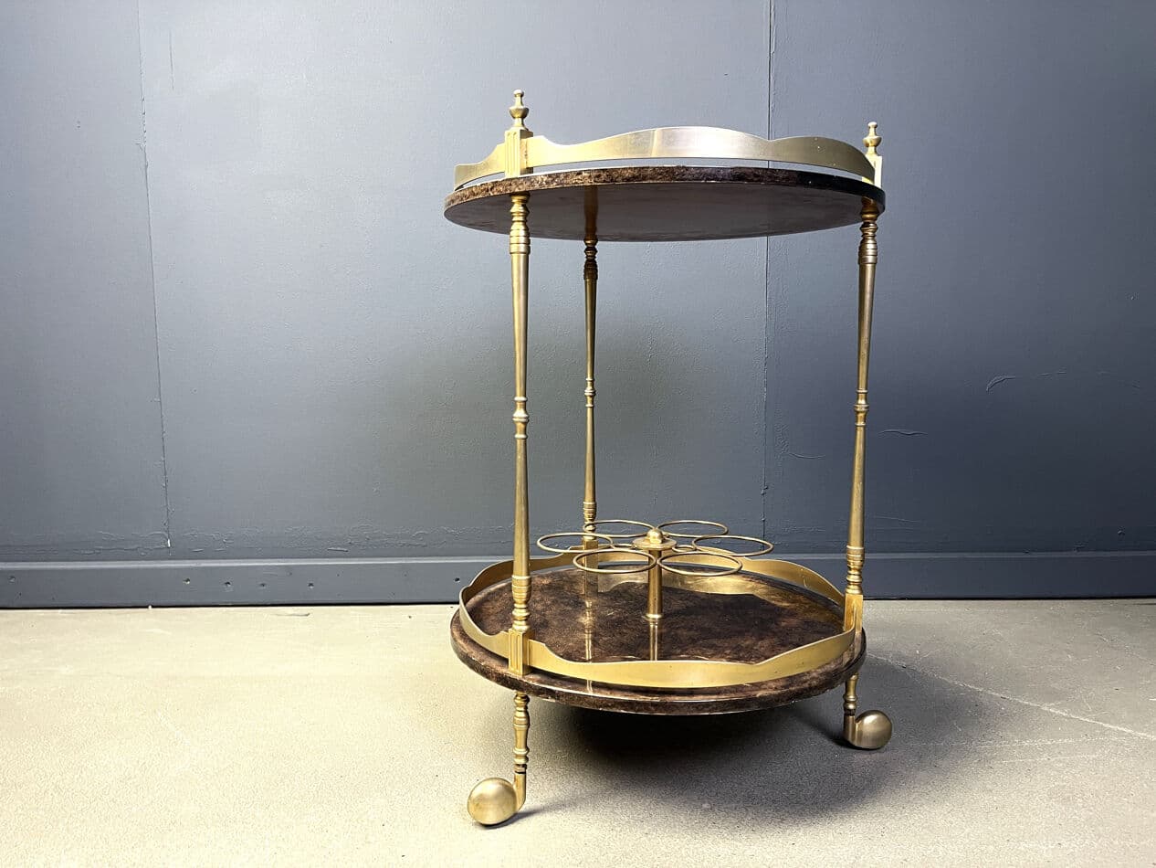 Bar cart, brown lacquered goatskin, gold brass, by A. Tura, Italy, 1960s. - 329946