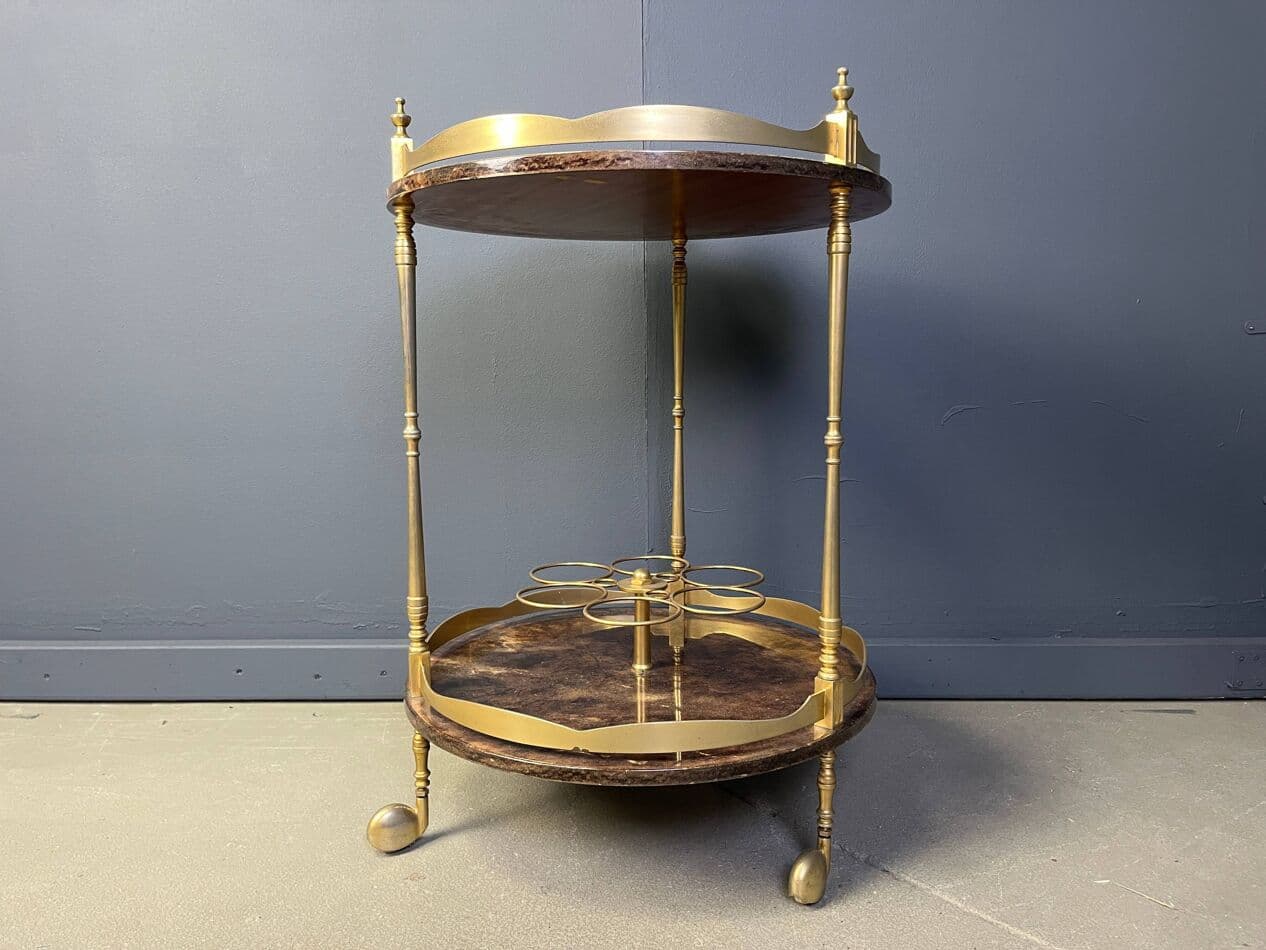 Bar cart, brown lacquered goatskin, gold brass, by A. Tura, Italy, 1960s. - 329941