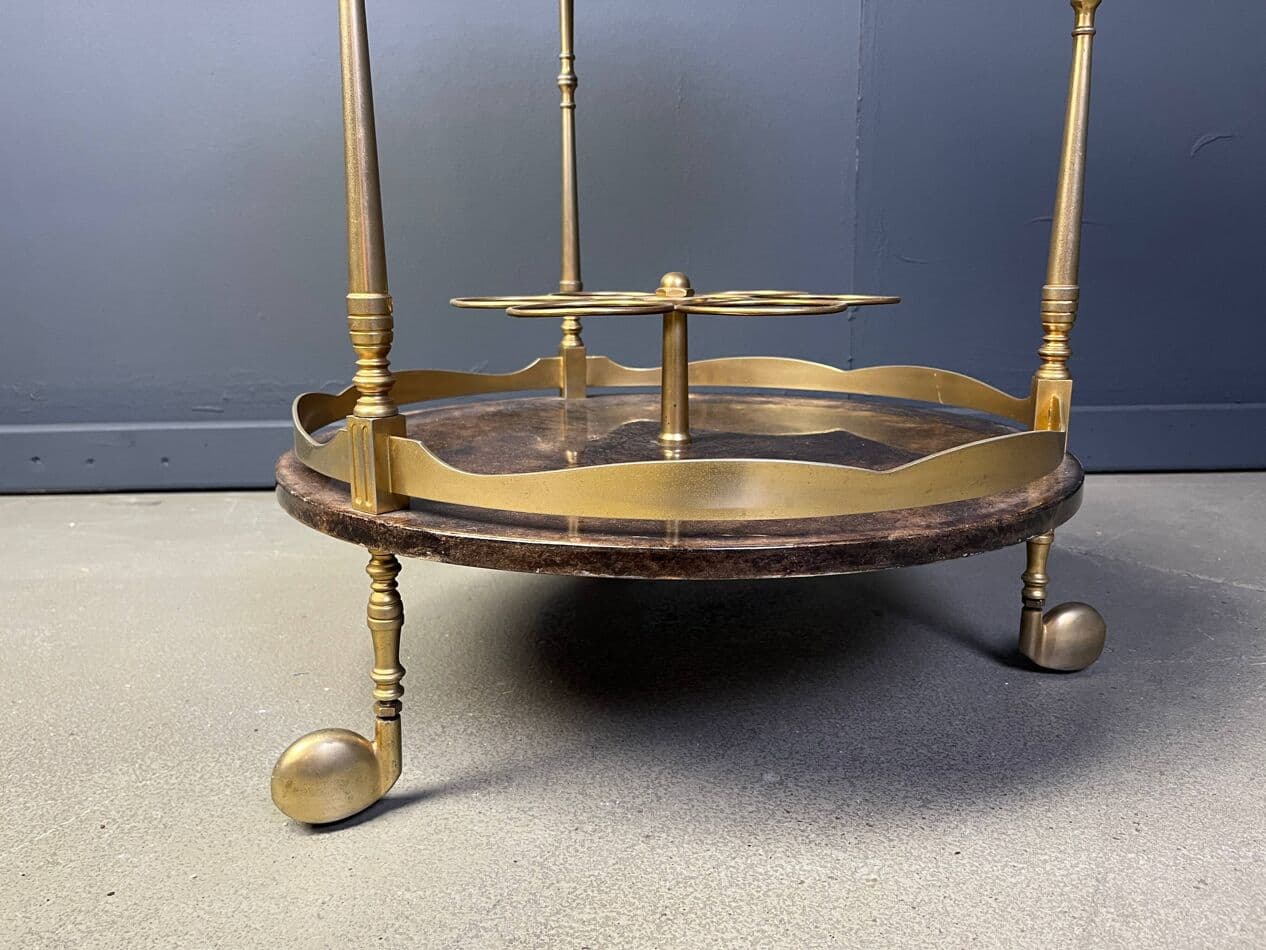 Bar cart, brown lacquered goatskin, gold brass, by A. Tura, Italy, 1960s. - 329947