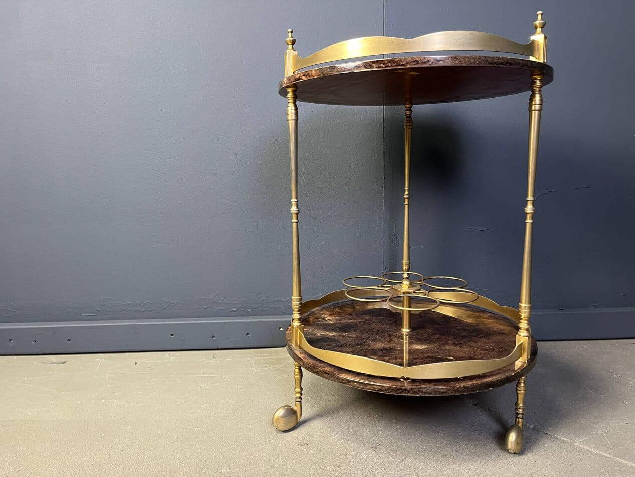 Bar cart, brown lacquered goatskin, gold brass, by A. Tura, Italy, 1960s. - 329951