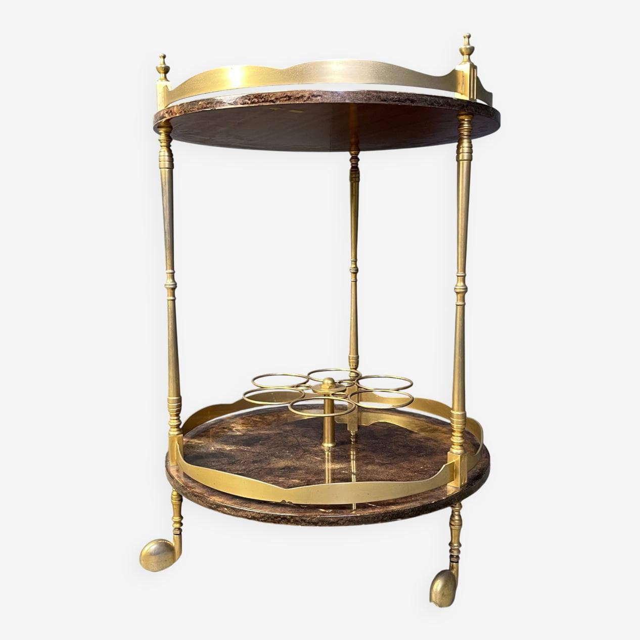 Bar cart, brown lacquered goatskin, gold brass, by A. Tura, Italy, 1960s. - 329943