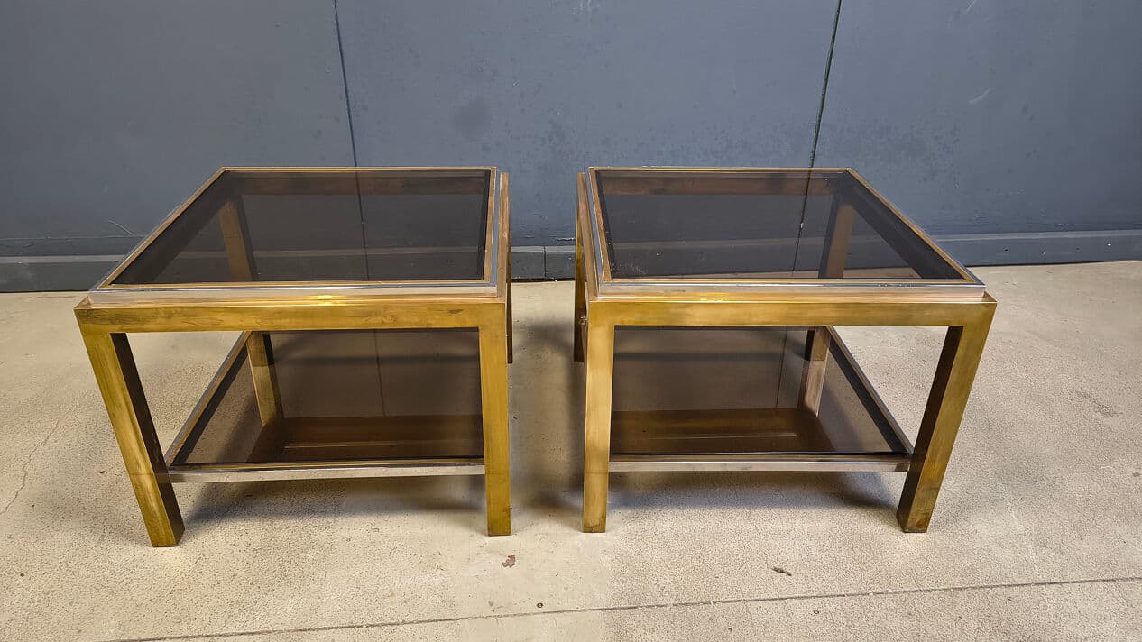 Pair of side tables, gold brass, smoked glass, France, 1970s - 329923