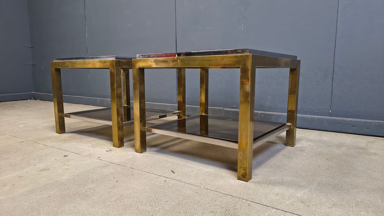 Pair of side tables, gold brass, smoked glass, France, 1970s - 329926