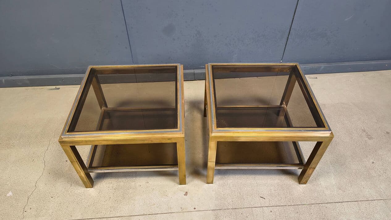 Pair of side tables, gold brass, smoked glass, France, 1970s - 329922