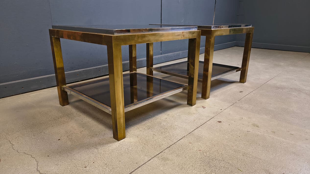 Pair of side tables, gold brass, smoked glass, France, 1970s - 329928