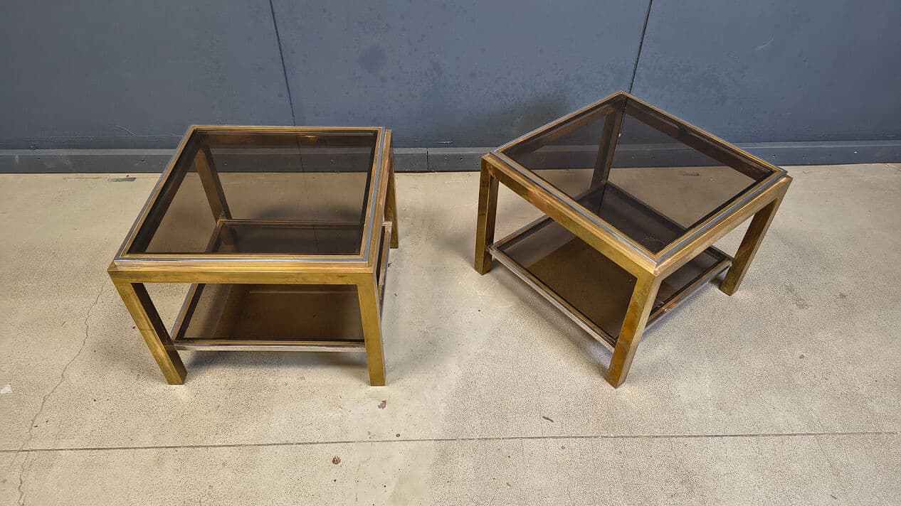 Pair of side tables, gold brass, smoked glass, France, 1970s - 329918