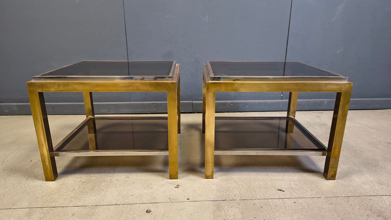 Pair of side tables, gold brass, smoked glass, France, 1970s - 329924