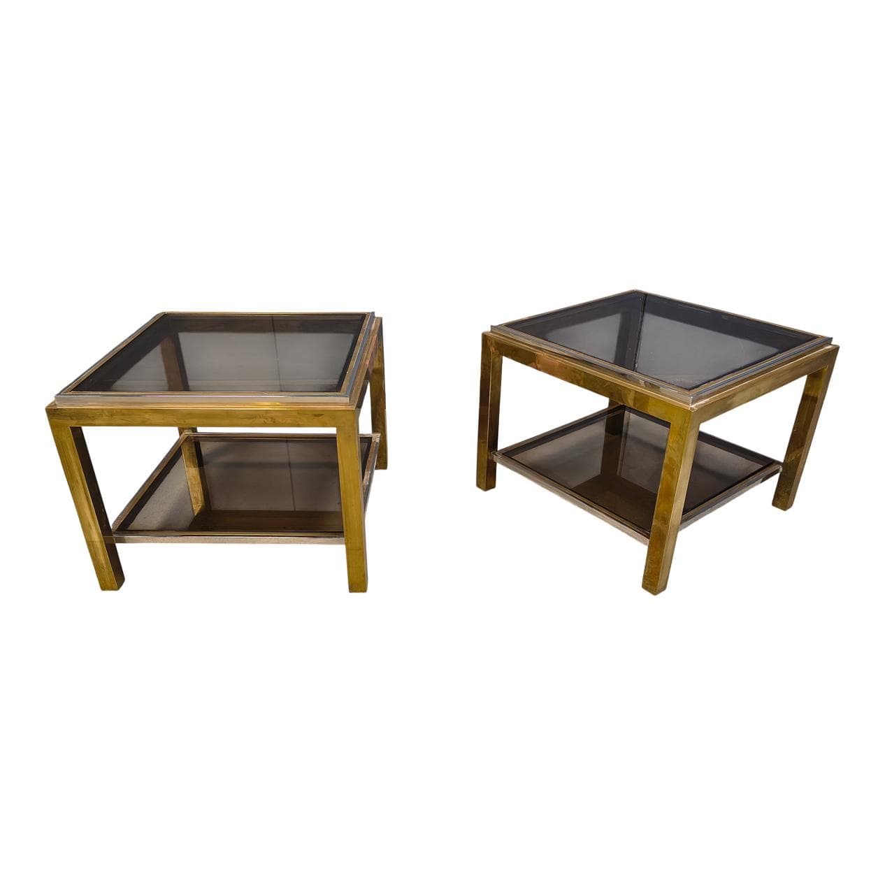 Pair of side tables, gold brass, smoked glass, France, 1970s