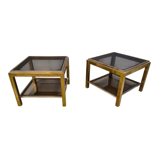 Pair of side tables, gold brass, smoked glass, France, 1970s - DIMENSION
