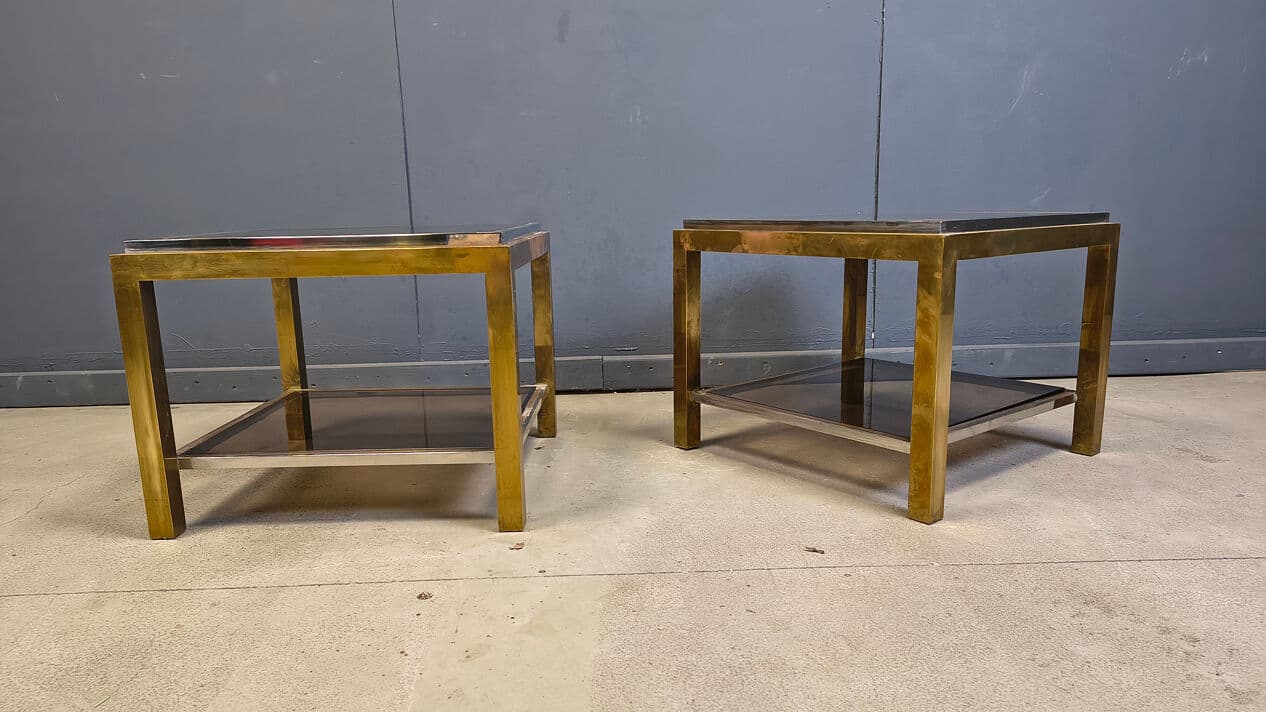 Pair of side tables, gold brass, smoked glass, France, 1970s - 329921