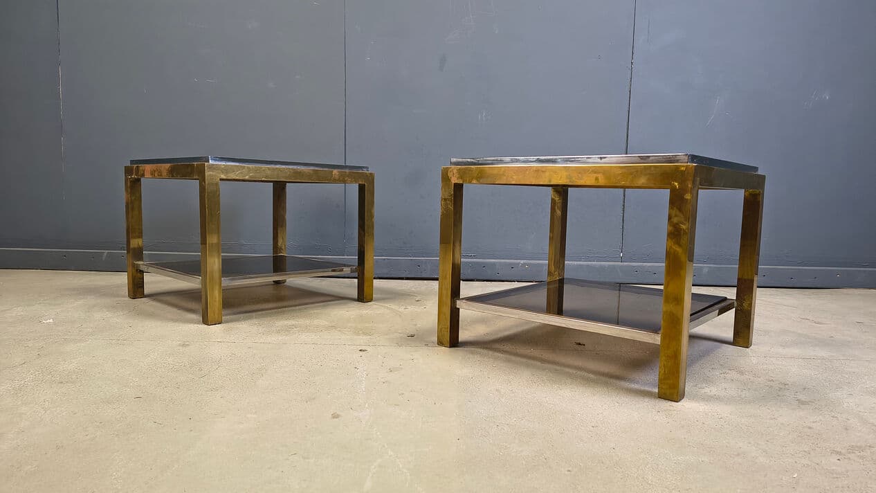 Pair of side tables, gold brass, smoked glass, France, 1970s - 329919