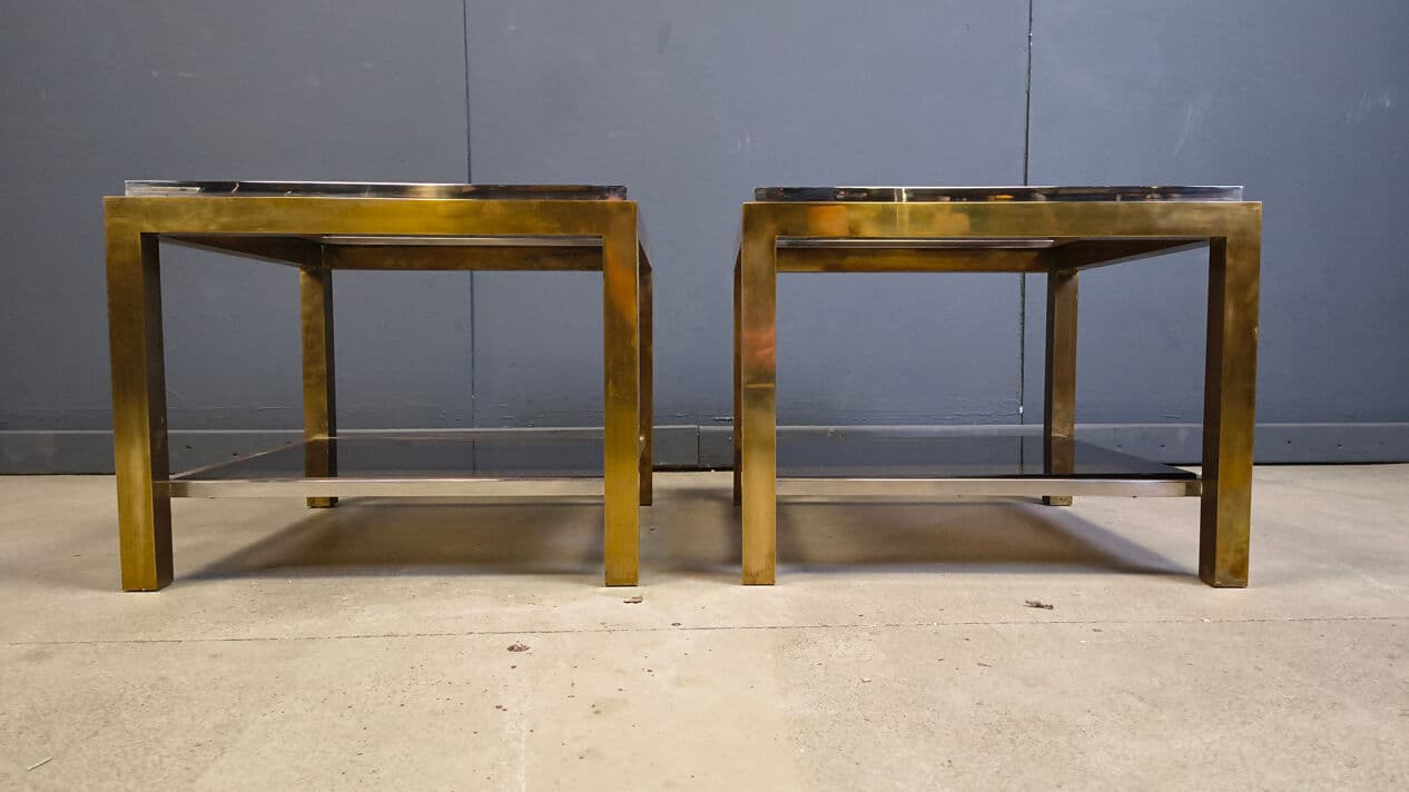 Pair of side tables, gold brass, smoked glass, France, 1970s - 329925